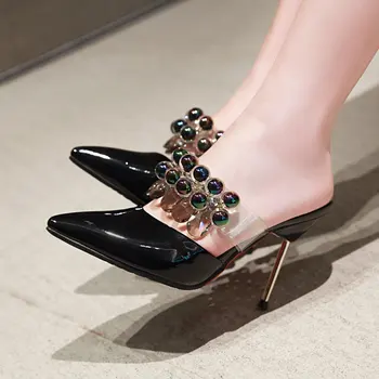 

High Heel Slippers Summer Women Elegant Slides Fashion crystal Mules For Female Pointed Toe thin Heels Ladies Shoes