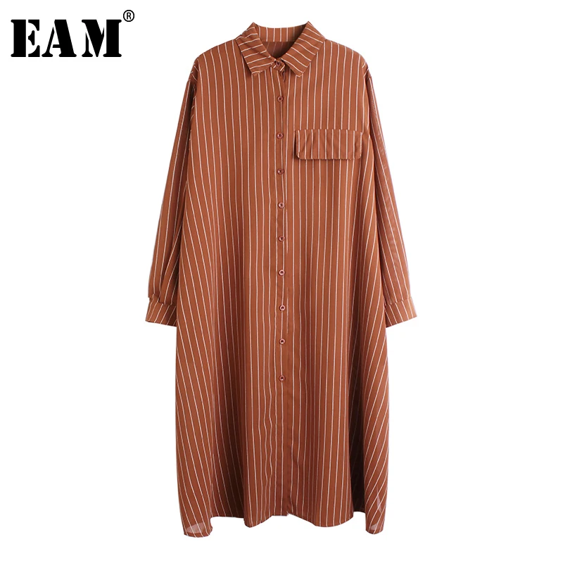 

[EAM] Women Black Striped Split Joint Big Size Shirt Dress New Lapel Long Sleeve Loose Fit Fashion Tide Spring Autumn 2020 1N854