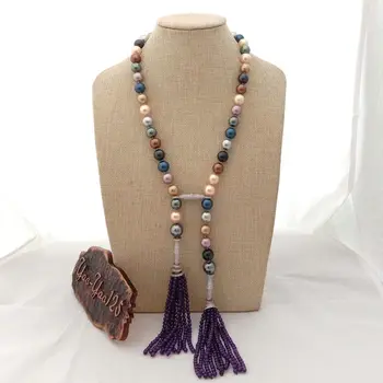 

22" 12mm Mixed Color Sea Shell Pearl Necklace Amethyst Cz Pave Pendant
