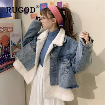 

RUGOD Autumn Winter New Style Chic Plus Velvet Demin Jacket Turndown Collar Thicken Loose Cropped Tops Fashion 2019 Kpop Clothes