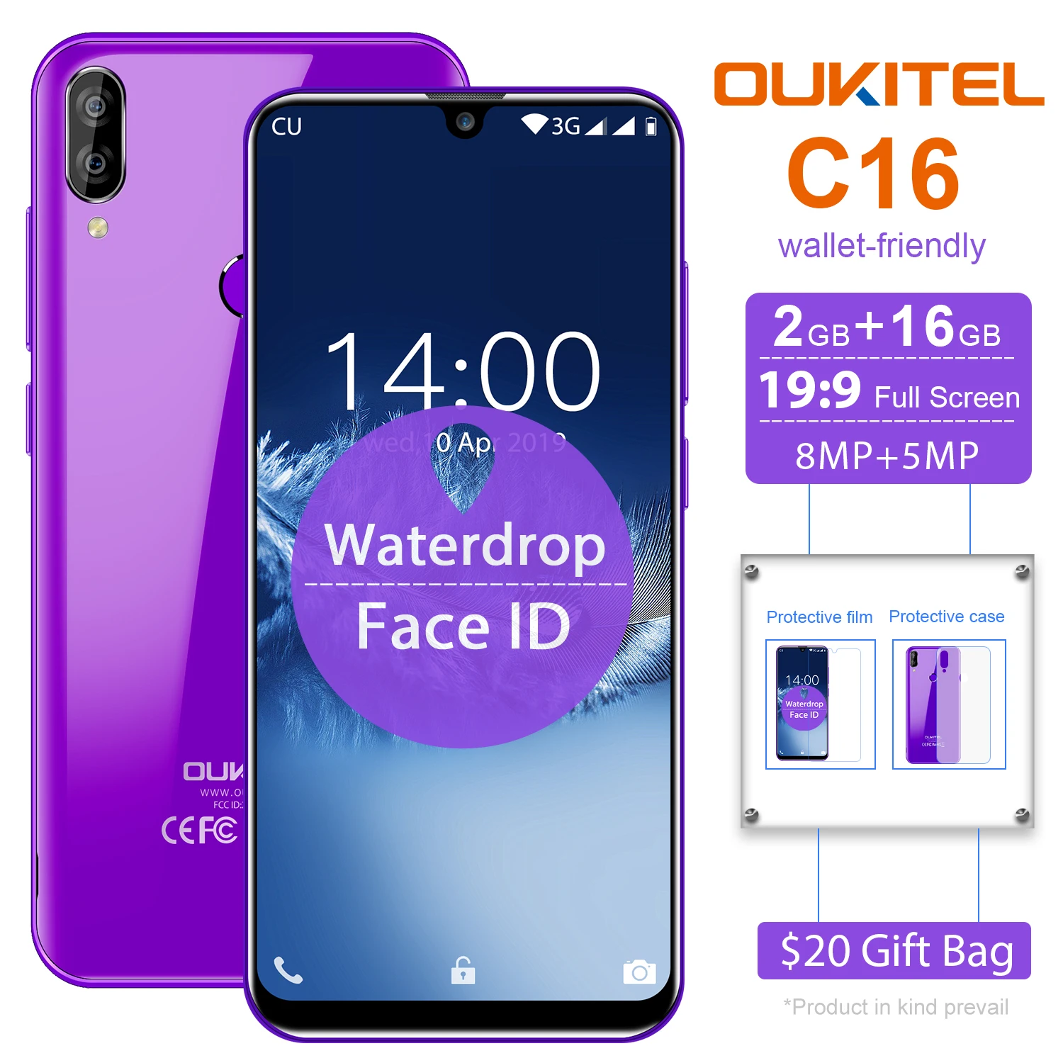 OUKITEL C16 5,71 ''Android 9,0 19:9 MT6580P 2 Гб 16 Гб Смартфон отпечаток пальца Лицо ID Водонепроницаемая капля экран 5 В/1A 2600 мАч мобильный телефон