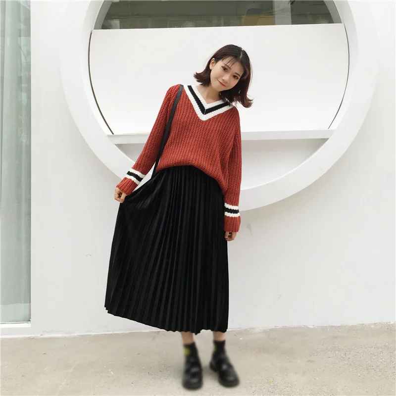 Женская юбка, осень, высокая талия, свободные, большие, Свинг, плиссированные юбки, для девушек, милые, модные, милые, до середины икры, одноцветная, свободная юбка