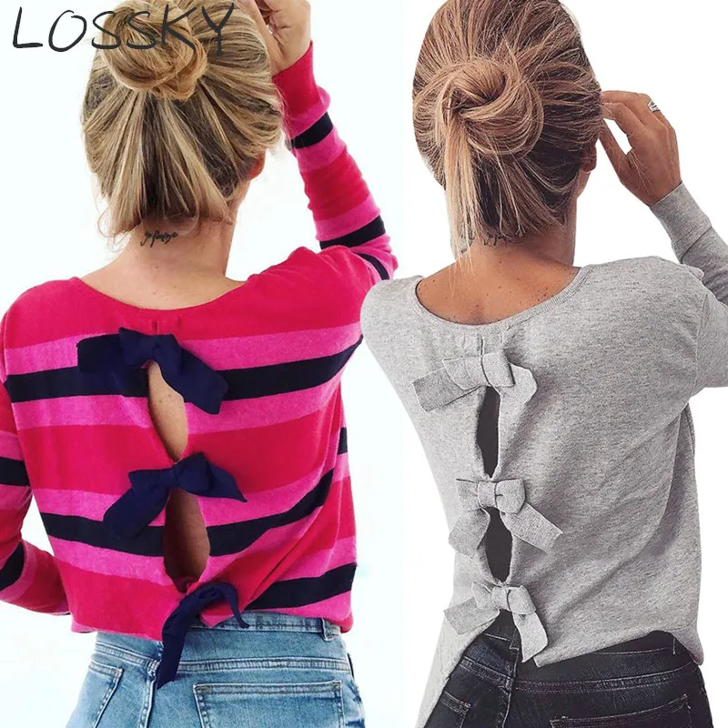 

Women's Autumn Winter Striped Print T-shirt Sexy Roound Neck Long Sleeve Slim Back Bow Hollow Out Casual Sweet T Shirt Top Tees
