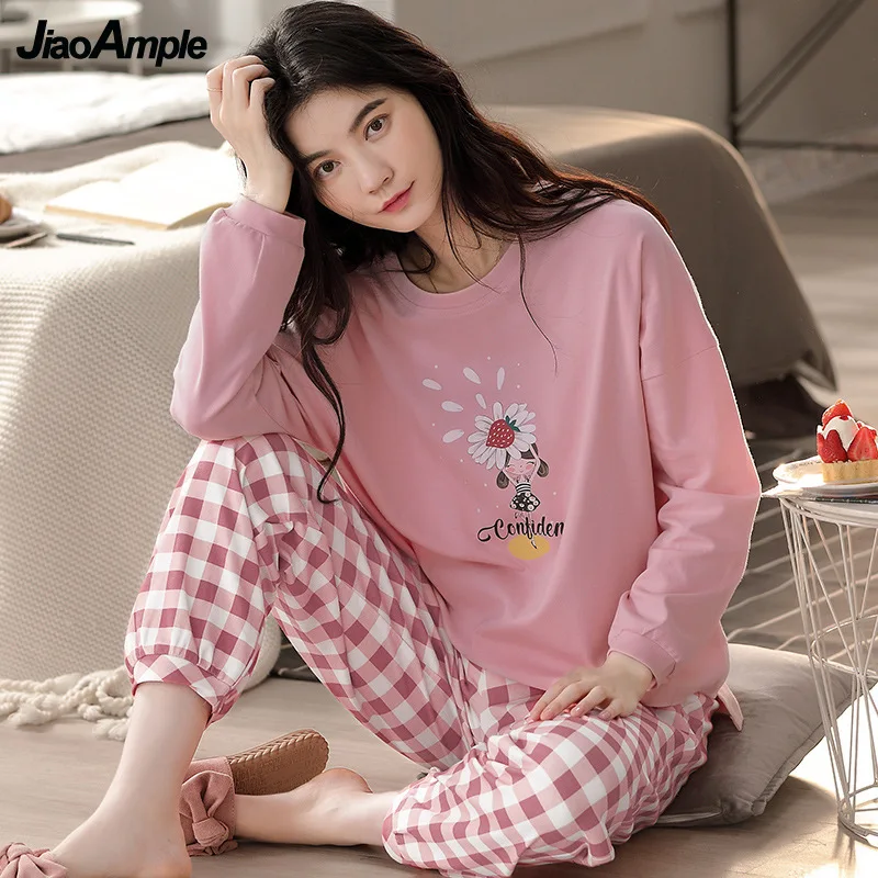 100% Cotton Pajamas 2021 Autumn New O-Neck Long-sleeved Trousers Pijamas Two-piece Set Women Nightwear Pyjamas Home Clothes Suit