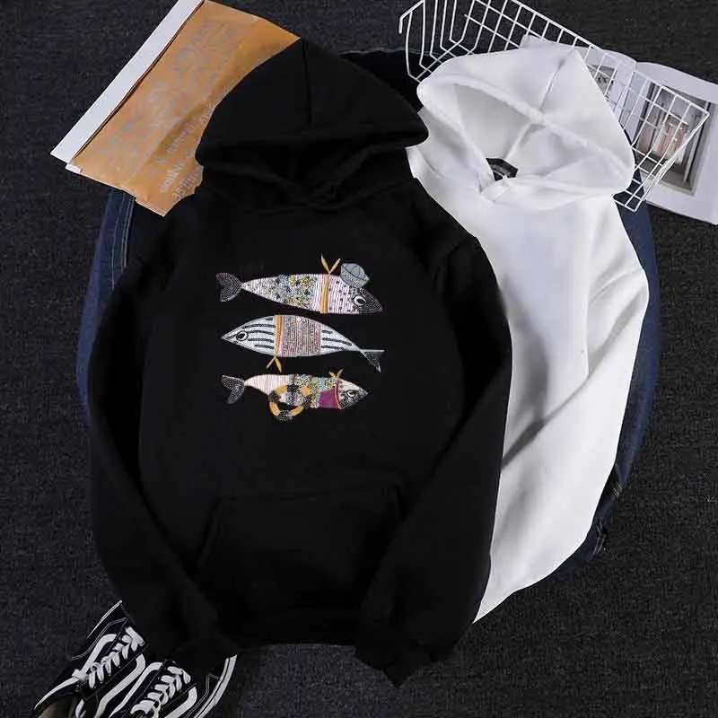 Women Hoodies Hooded Cartoon Fish Print Hoodies Pullover Sweatshirt Hooded Autumn Winter Fleece Harajuku Hoodies With Pocket