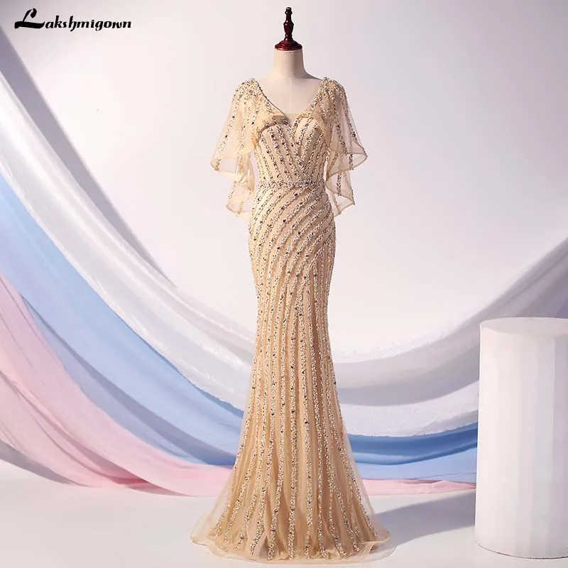 Lakshmigown роскошные золотые тюлевые Длинные вечерние платья Русалка серые Кристальные блестящие расшитые блестками вечерние платья vestido longo