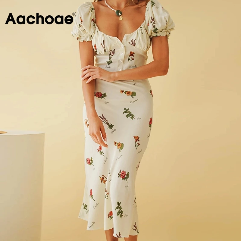 Aachoae Elegant Print Dress For Women Summer Butterfly Short Sleeve Dresses Button Elastic Back Long Dress Sundress Robe Longue Aachoae Elegant Print Dress For Women Summer Butterfly Short Sleeve Dresses Button Elastic Back Long Dress Sundress Robe Longue
