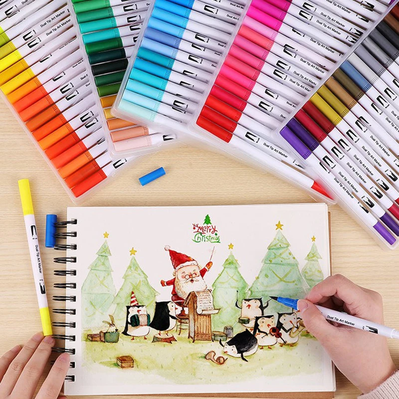 100 цветов Fineliner художественные маркеры ручки для рисования акварельные двойные кончики кисти ручка школьные канцелярские принадлежности