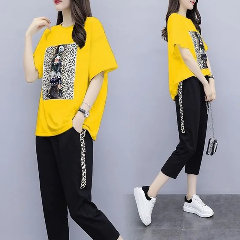two piece skirt and top Summer Women's Black Oversize Tracksuits Casual Pantsuit Set Short Sleeve Tops Fashion Sportswear Calf-Length Pants Size 5XL satin pajamas for women