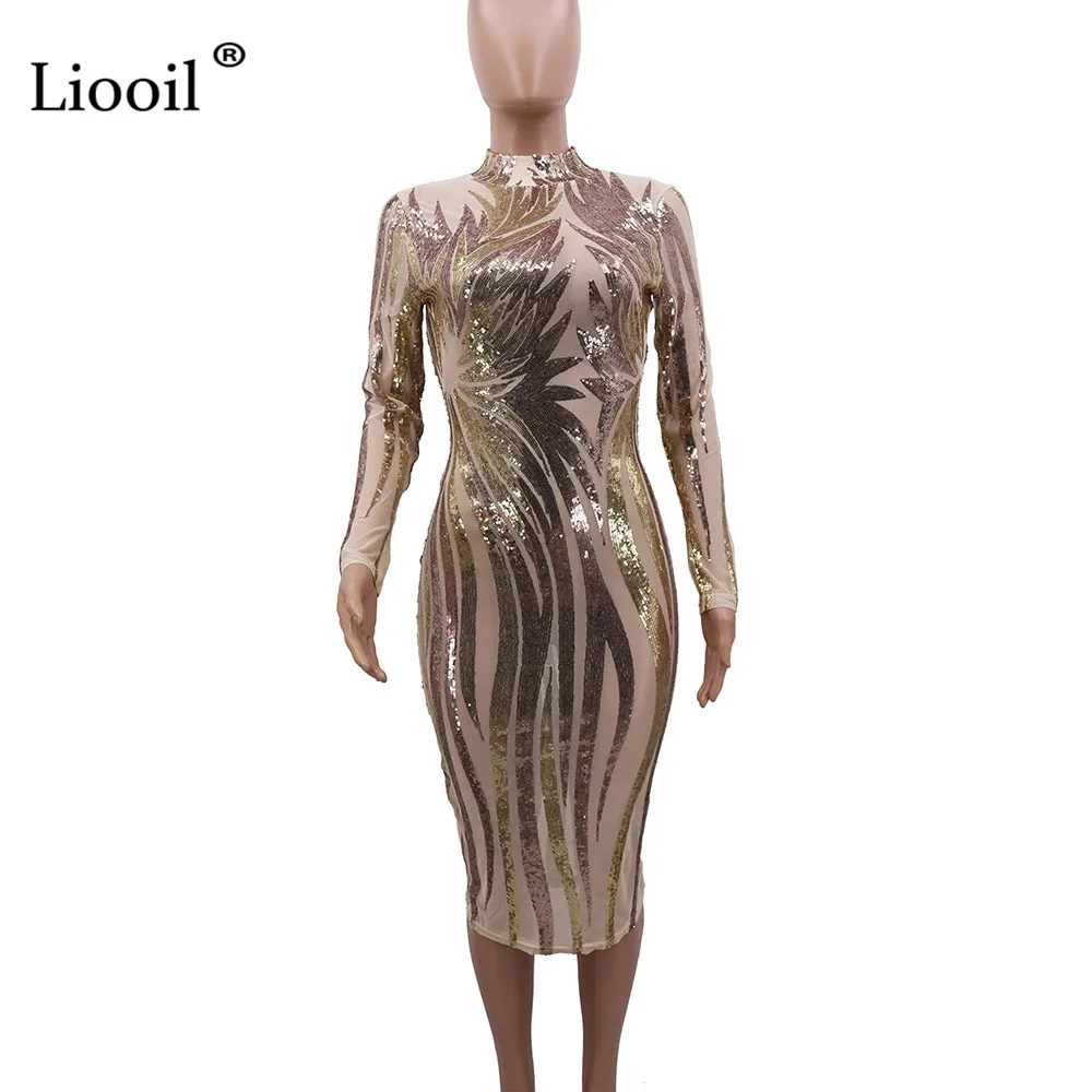 Liooil сексуальное Сетчатое полупрозрачное облегающее платье миди с блестками, Осень-зима, женские прозрачные облегающие платья с длинным рукавом, вечерние платья для ночного клуба