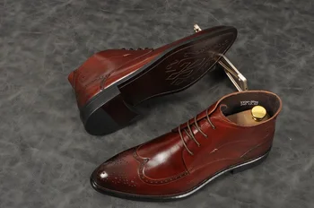 

men's red wine New Bullock Carved oxford shoes Genuine leather pointde toe lace up Ankle boots wedding single boots