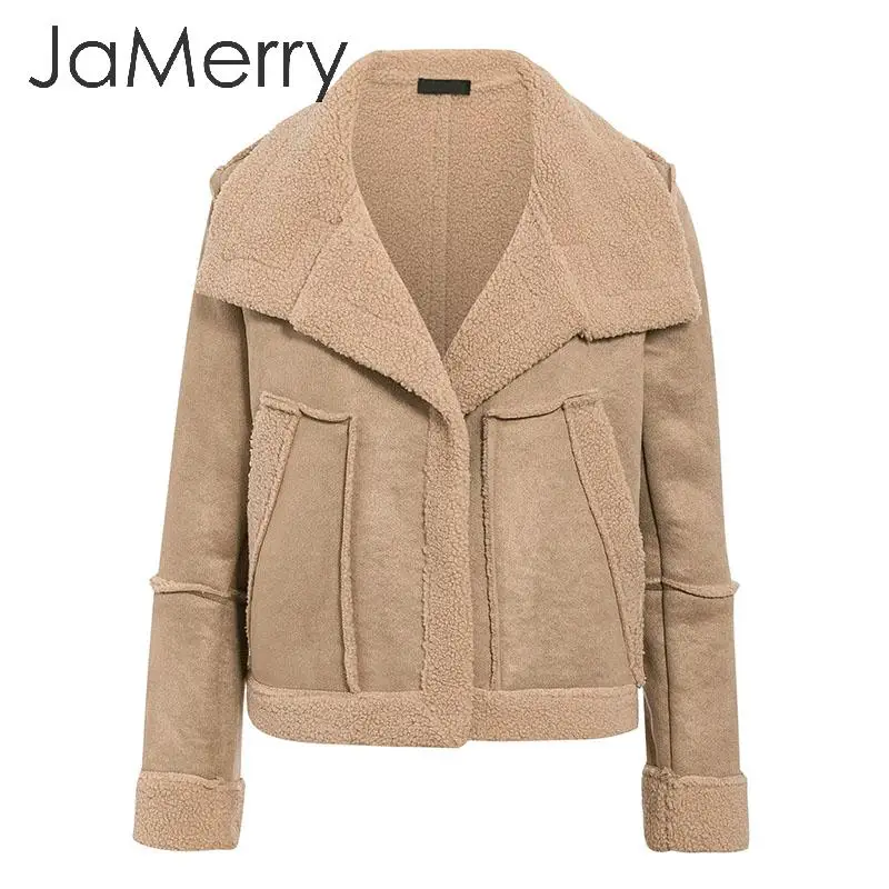 JaMerry Fashion suede patchwork women faux fur coat Autumn winter big pockets female warm jackets Outwear office ladies overoats