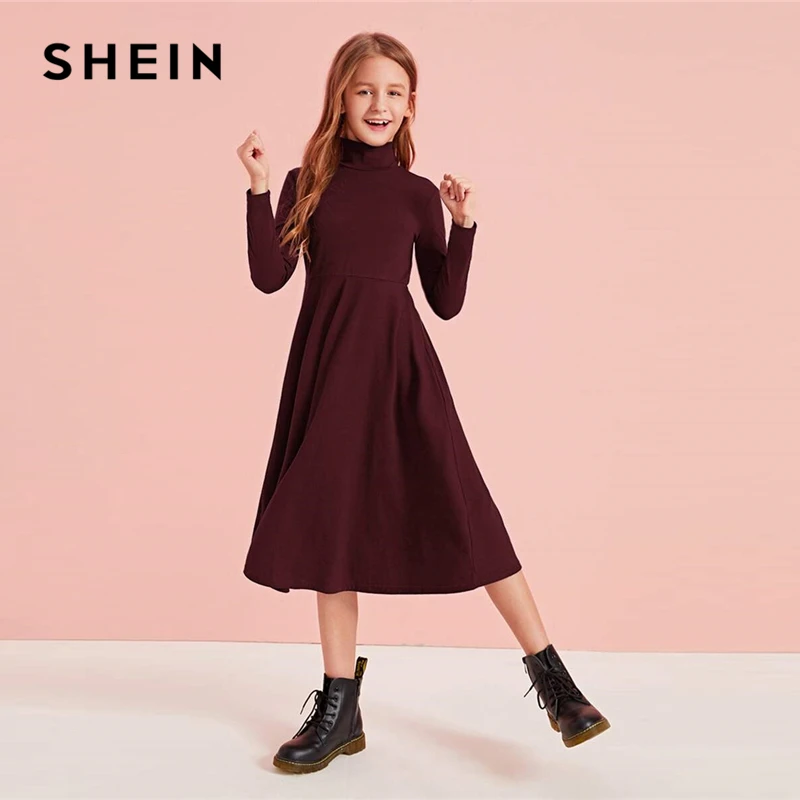 SHEIN Kiddie/однотонное повседневное расклешенное платье с высокой горловиной для детей г. Осенние платья средней длины с высокой талией и длинными рукавами трапециевидной формы для подростков