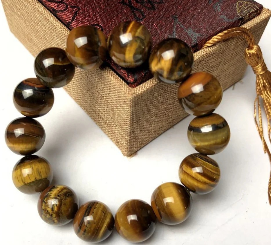 High quality 14mm yellow tiger eye stone string elastic men's bracelet punk retro personality unique jewelry