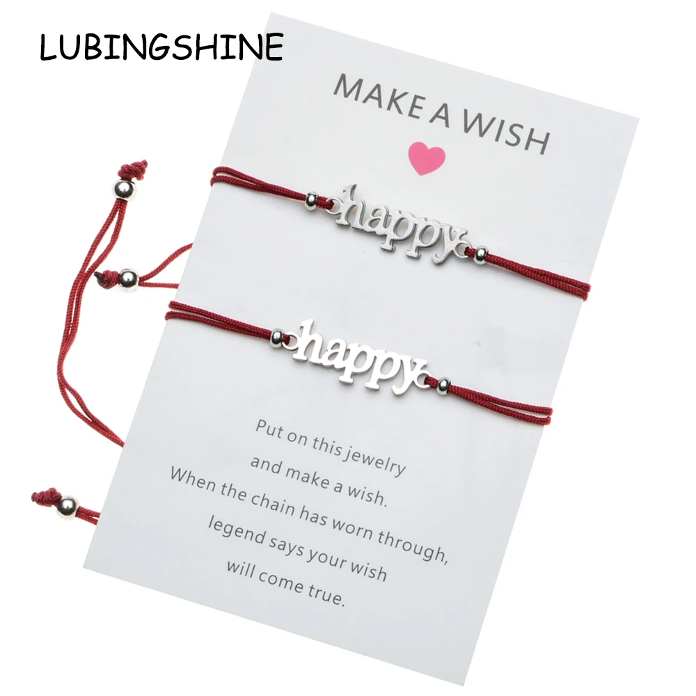 

2pcs Make a Wish Engrave Letter Hope Charms Braided Bracelet Set Women Stainless Steel Adjustable Rope Chain Anklet Jewelry