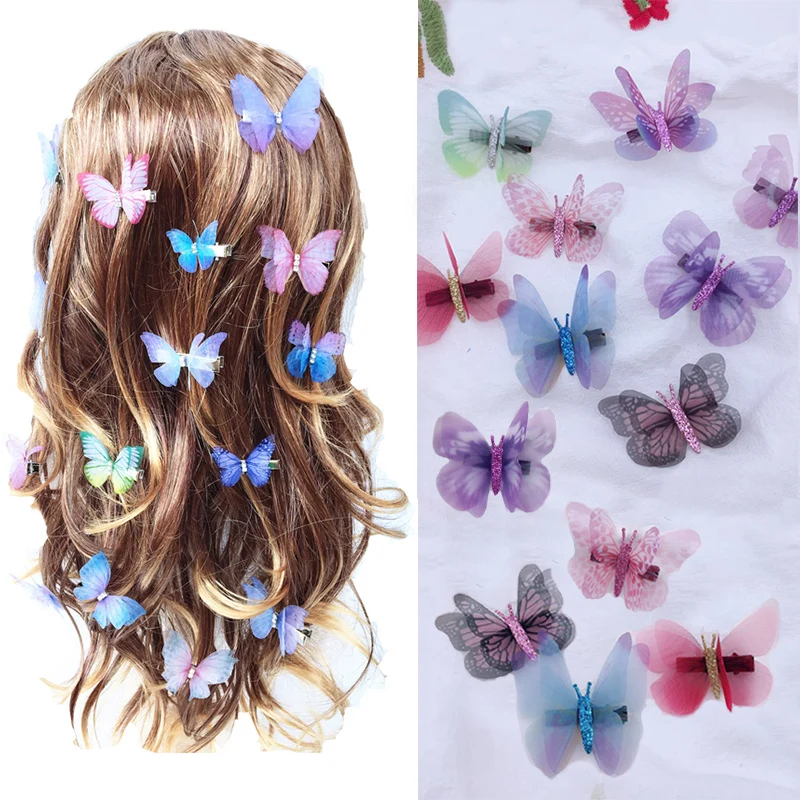 

Korean super fairy double stereo simulation color tulle butterfly hairpin clip duckbill clip girl head jewelry hair accessories