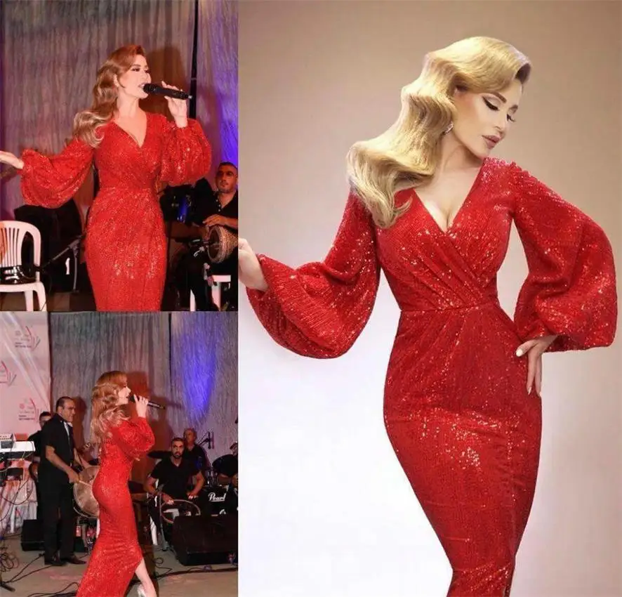 

Red Celebrity Evening Dress Sequins Long Poet Sleeves Holiday Women Wear Formal Party Prom Gown Custom Made Plus Size