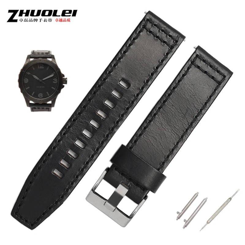 High-Quality Retro Quick Release Genuine Leather Watchband Strap - Black/Dark Brown, 22mm/24mm