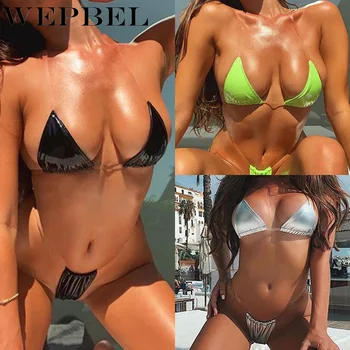 

WEPBEL 2pcs Pu Bikini Set Transperant Strap Sexy Swim Suit Summer Beach Party Pool Solid Color Bra + Thong Swimming Swimwear