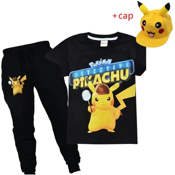 

Summer children's cartoon cotton short-sleeved T-shirt trousers set boys girl Bikachu casual big boy two-piece Sportswear+sunhat