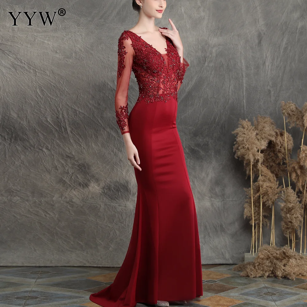 Women Evening Dress V Neck Applique Mesh Sleeve Sexy Robe De Soiree Backless Mermaid Elegant Long Party Dress Femme Formal Gowns