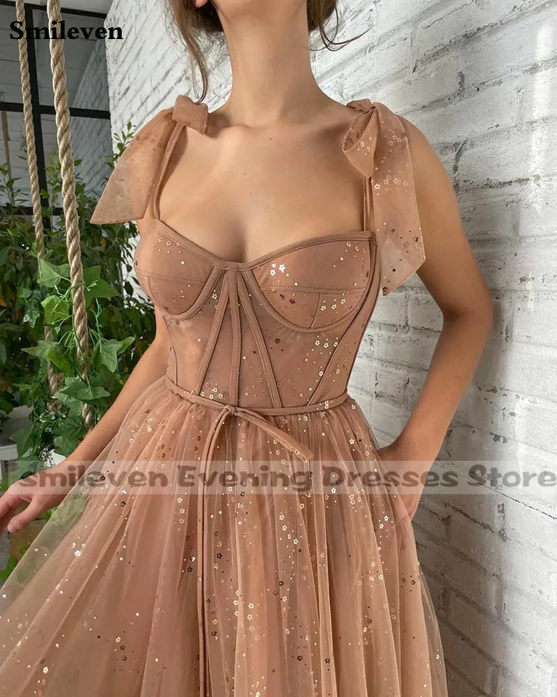 Smileven Shiny Champagne Simple Sweetheart Midi Prom Dresses Spaghetti Straps Tea-Length A-Line Prom GownsGraduation Dresses