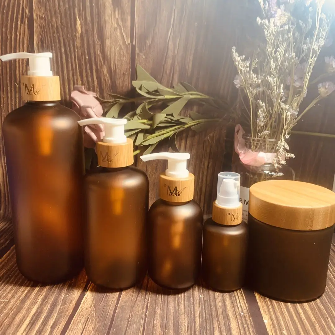 Wholesale Empty Amber Plastic PET Shampoo Lotion Bottles 60ml 120ml 250ml 500ml With Bamboo Pump Lid For Cosmetic Containers