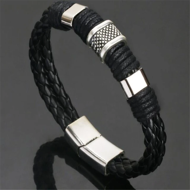 Trendy Genuine Leather Bracelets Men Stainless Steel Multilayer Braided Rope Bracelets for Male Female Bracelets Jewelry H21998
