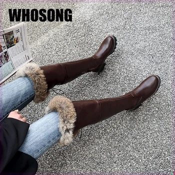 

Women Motorcycle Boots Ladies Fur Shoes Woman Black Knee High Boots Female Warm Brand Boots Girls Fashion Botas Soft Heels New