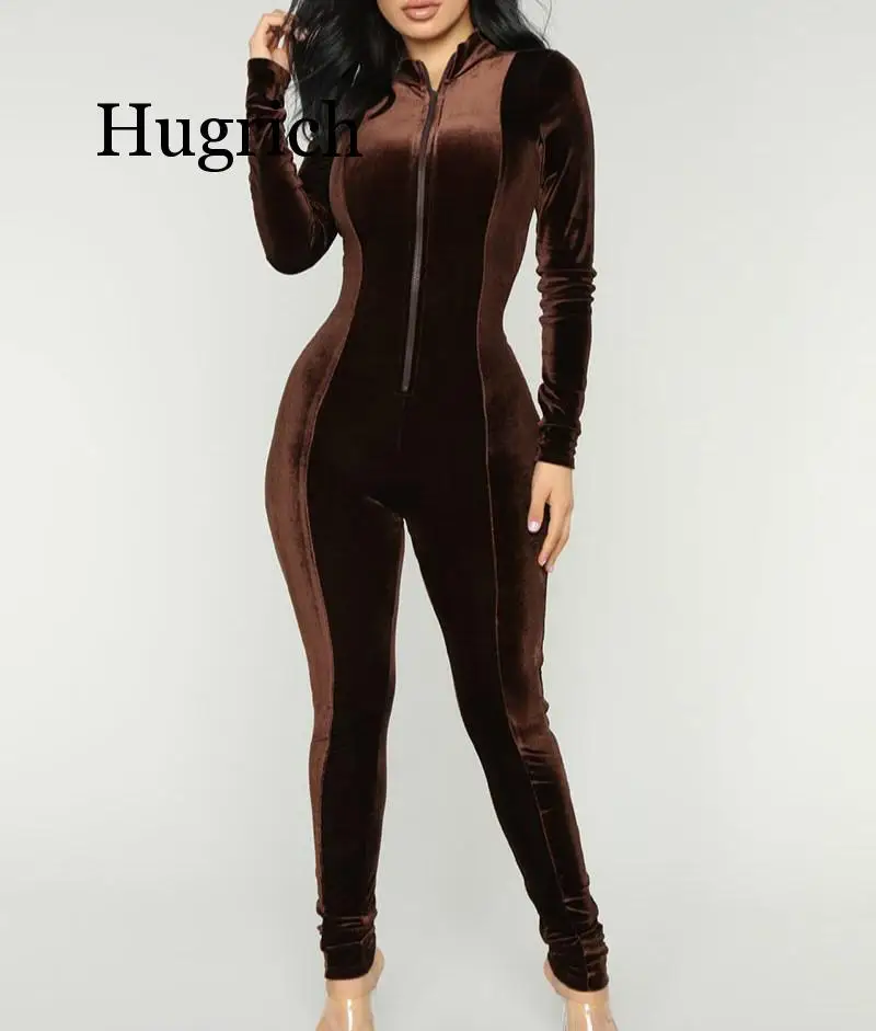 2020 Chocolate Dream Velvet Jumpsuit New Fashion Mock Neck Front Zipper Skinny Leg Velour Jumpsuits