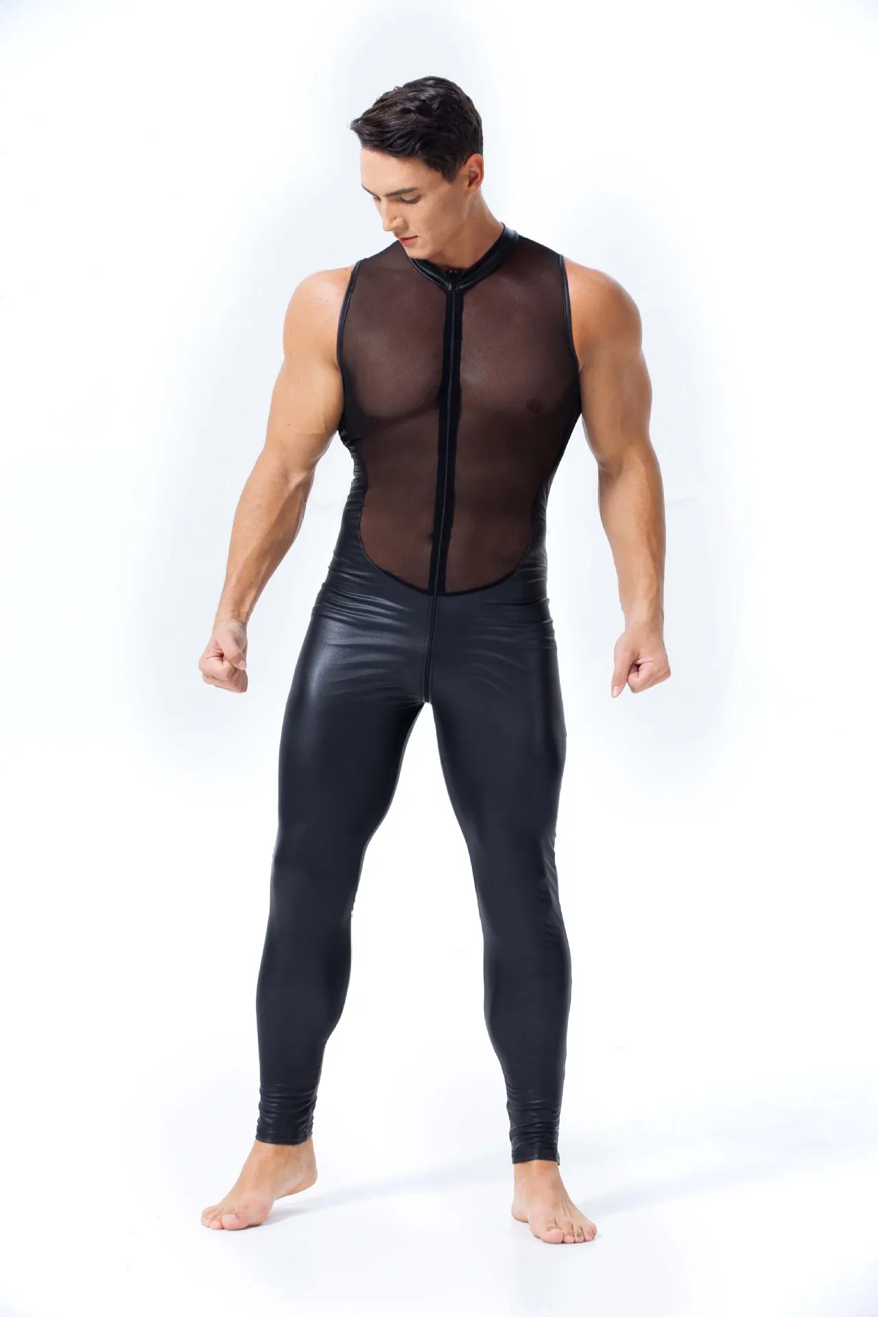 Black Patent Leather Transparent Mesh Sexy Mens Zentai Spandex Catsuit Bodysuit Male Catsuit Erotic Party Clubwear Jumpsuit 2XL