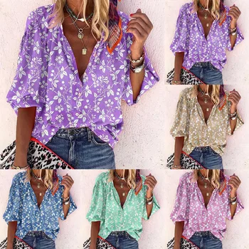 

Women's Blouse Loose Casual Shirts 2020 New Long Sleeved Polka Dot Printing V Neck Button Shirt & Blouses Plus Size Tops