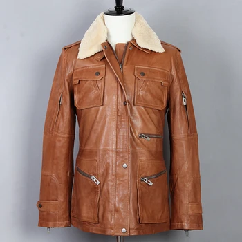 

Mans Casual Lambswool Genuine Leather Men Multi-pocket Fur Collar Sheepskin Winter coat Slim Fit Long Bomber Jacket