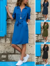  Fashion Turn-down Collar Office Ladies Shirt Dress Women Three Quarter Sleeve Winter Dress Streetwear Casual Vestidos Loose Robe 