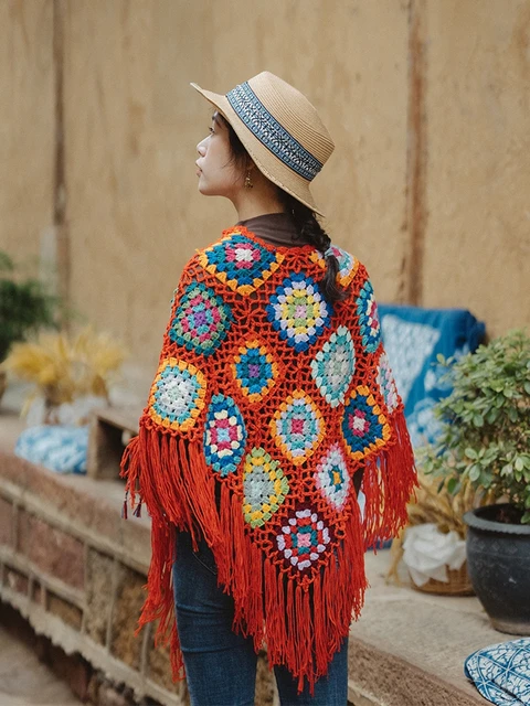 Poncho cuadrado de la abuela para mujer, cubiertas de tejido hechas a mano, de ganchillo colorido, Top borlas, chal envolturas otoño| | - AliExpress