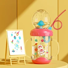 Botella de agua de 260ml para bebé, vaso de agua con pajita de doble Mango, vasos para niños con patrón de dibujos animados, pulverizadores de ballena