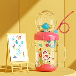 260ml bebê garrafa de água crianças copo de água com palha dupla alça crianças copos padrão dos desenhos animados baleia sprays água crianças garrafa