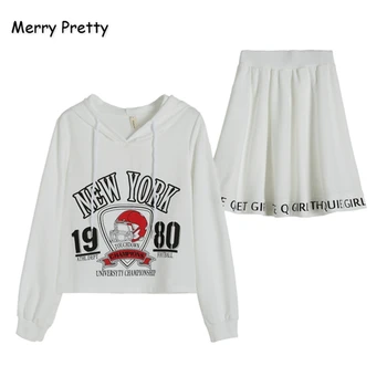 

Merrt Pretty Women Sets Hoodies And Skirt Letter Print Hooded Sweatshirts A-Line MIni Skirt 2020 New Sweet Style Two Piece Set