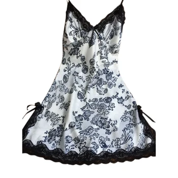 

Night Dress Women's Nightgown Ladies Sexy Silk Satin Sleeveless V-neck Nightwear Lace picardias sexy mujer