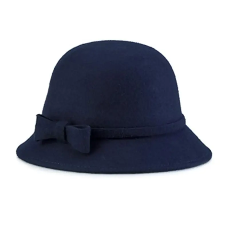 Womens 1920s Vintage Style Faux Wool Cloche Bowler Bucket Hat with Bow Accent - Цвет: 2