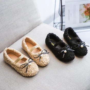 

New Kids Wool Warm Flat Shoes in Winter Sweet Bowknot Pearl Princess Shoes Soft Comfortable Children Cotton Shoes Solid Color