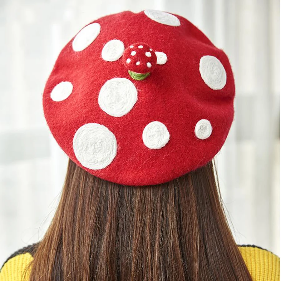 

Cute Red Mushroom Women Berets Polka Dot Handmade Wool Hat Manual Wool Felt Beret Birthday Gift For Girl Winter Wool Warm Hats