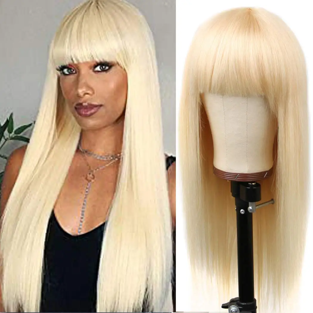 Blonde Synthetic Hair Wig with Bangs Glueless Machine Made Wig Straight