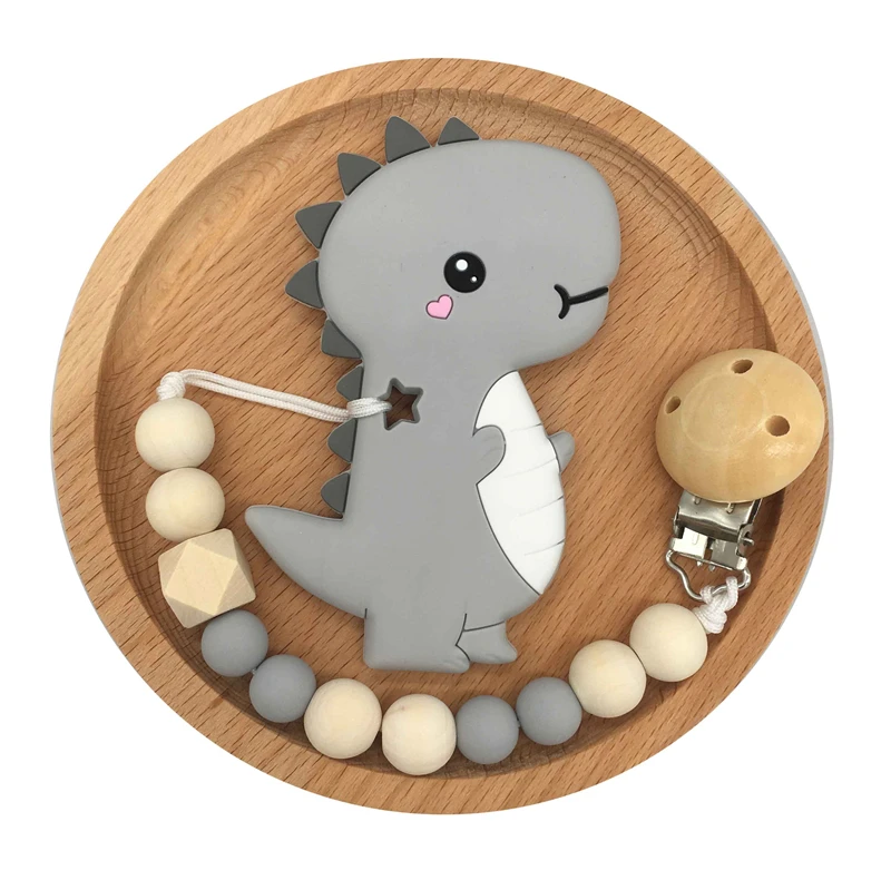 teether and chain Прищепка для соски цепь мультфильм Динозавр Прорезыватель деревянные бусины пустышка Клип пустышка жевательный поводок соска держатель Прорезыватель - Цвет: teether and chain