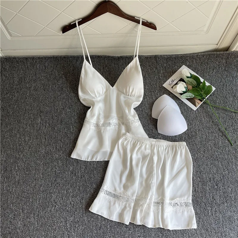 2PCS Sleepwear Sexy Satin Pajamas Set Women Sleeveless Lace Strap Top&Shorts Suit Summer Intimate Lingerie Loose Home Clothes women pajamas set women pajama suit