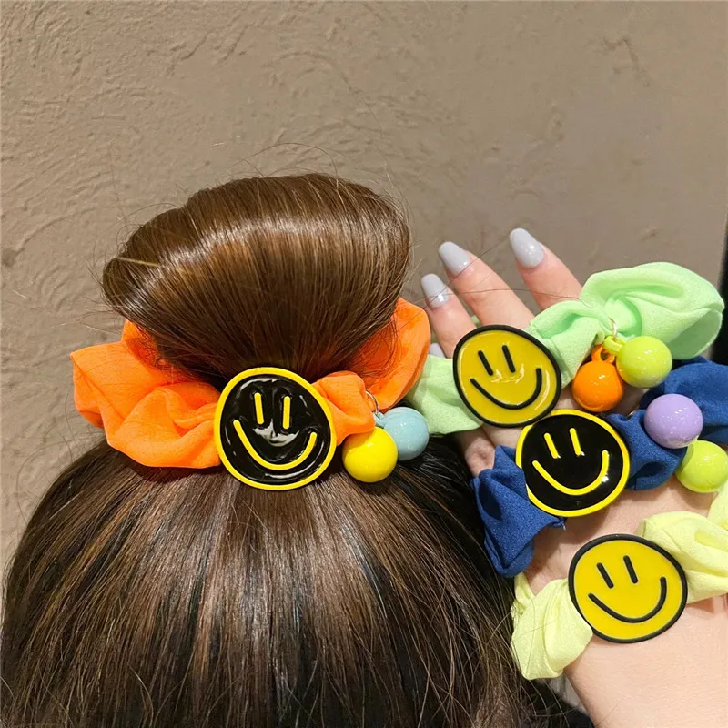 Women Girl Scrunchies Elastic Hair Ties Bands Smile Face Yellow Summer Fashion Korean Mujer Head Accessories Hyuna Wholesale