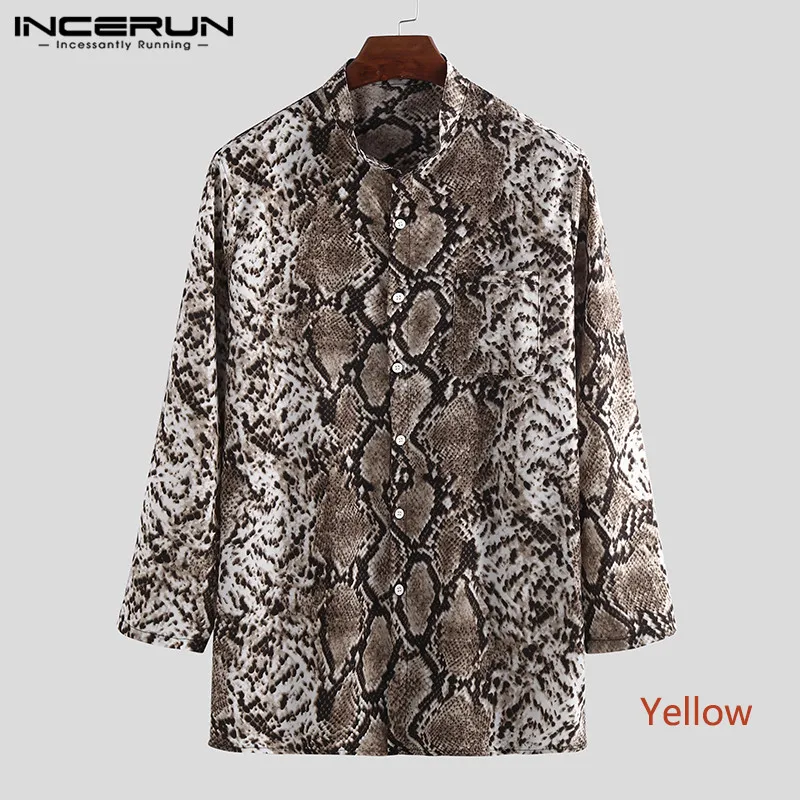 Yellow Shirt INCERUN, леопардовая расцветка, мужская рубашка, глубокий v-образный вырез, на пуговицах, длинный рукав, сексуальная блуза,, уличная одежда, Camisas Hombre, вечерние, повседневные рубашки - Цвет: Yellow Shirt