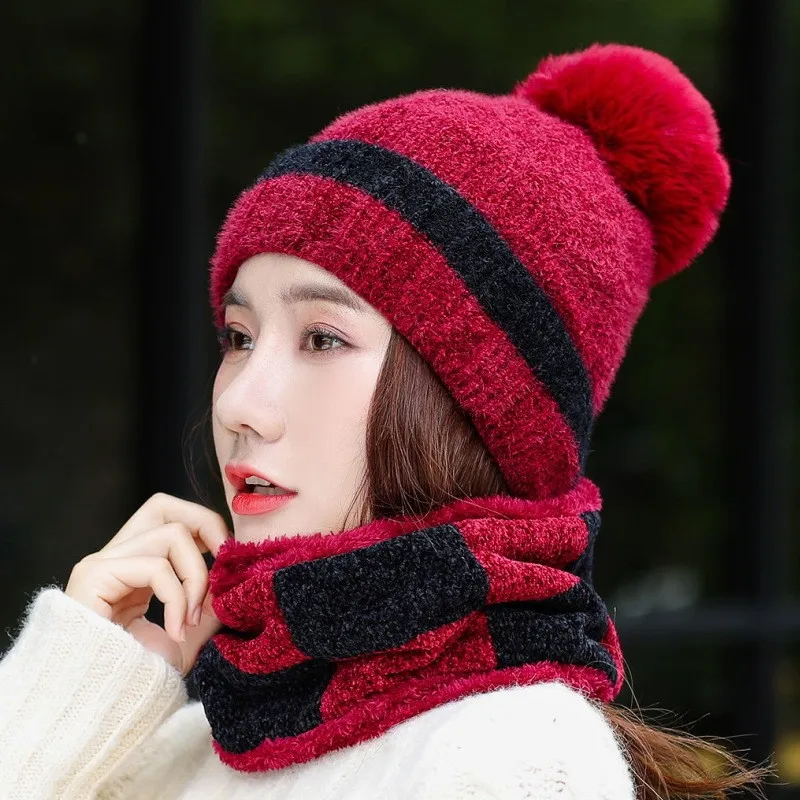 wine hat set Осенне-зимняя вязаная женская шапка, шарф, набор, плюшевые толстые теплые шапочки и шарф-кольцо, женские вязаные зимние шапки, набор - Цвет: wine hat set