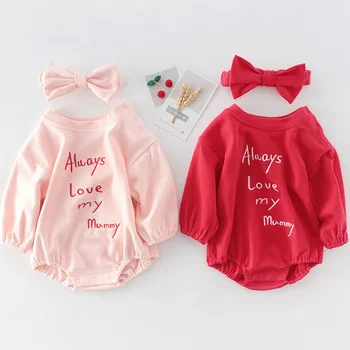 

New Bodysuits Infant Baby Girl Cute Alphabet Embroidered Long Sleeve Baby Cotton Jumpsuit + Headband 2pcs Twins Body Clothes