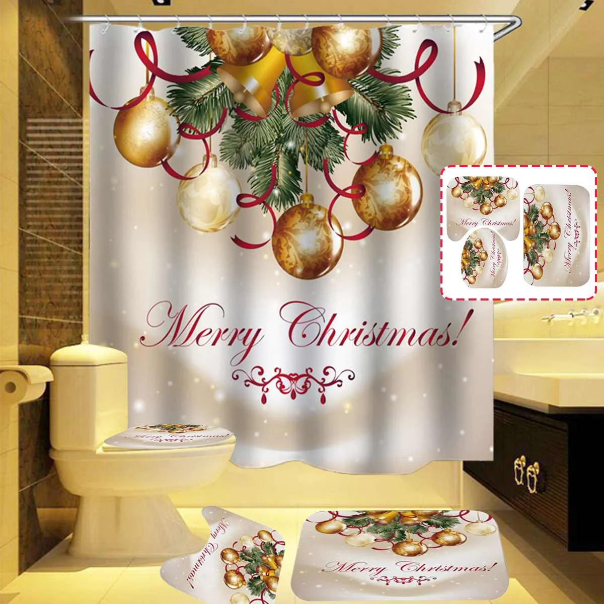 Merry Christmas Водонепроницаемая занавеска для ванной, занавеска для душа из полиэстера с рождественским рисунком, занавеска для ванной, нескользящий коврик для ванной, покрывало для туалета, ковер - Цвет: 09